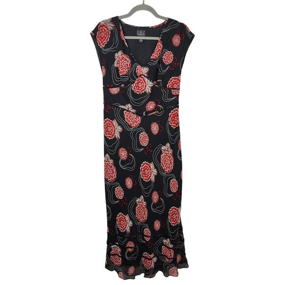 Vintage INC International Concepts Midi Dress Size 6 Black Red‎ Floral 100% Silk - Picture 1 of 9
